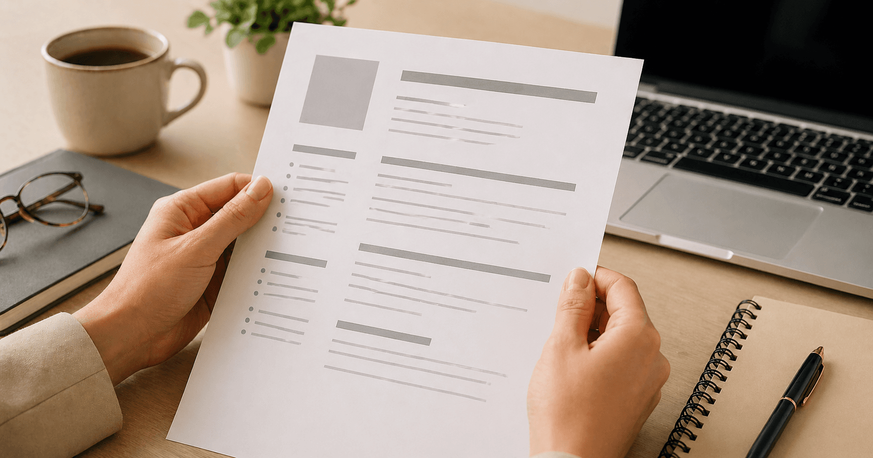 Hands reviewing a printed CV document, checking for employment gaps and formatting issues
