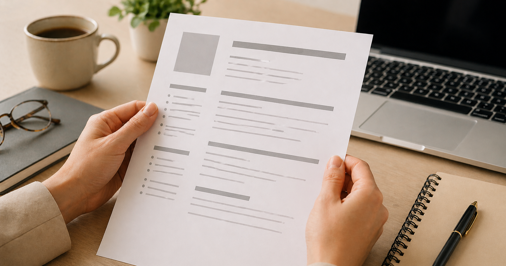 Hands reviewing a printed CV document, checking for employment gaps and formatting issues